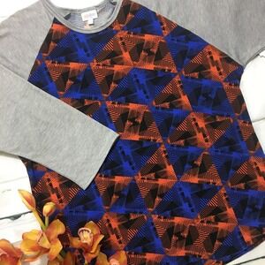 LuLaRoe Randy Baseball Tee Gray Blue Orange Print 3XL NWT 3/4 Raglan Sleeve